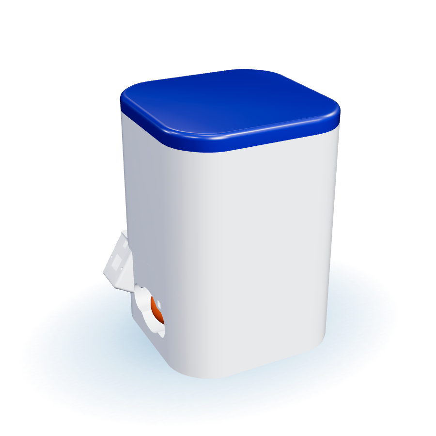 Modelo 3D do aparelho DoseCerta: carcaça branca com tampa azul e copo coletor laranja